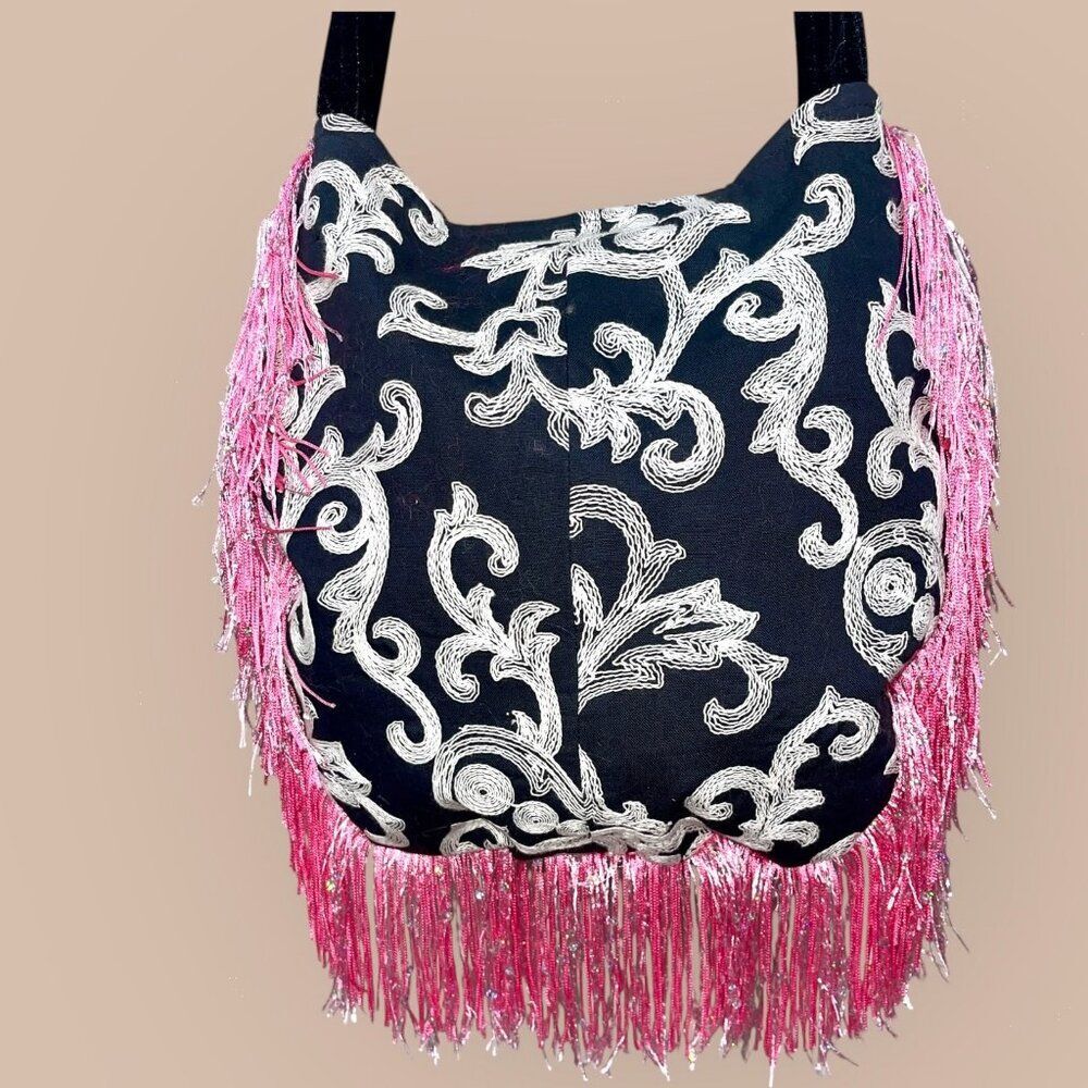 Black & Pink Eclectic Handmade Upcycled Boho Fringed Crossbody Bag - Picture 2 of 9